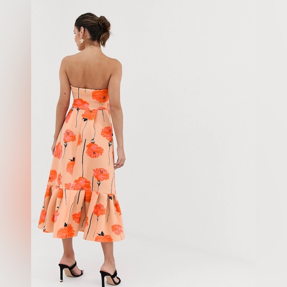 ASOS DESIGN Poppy Printed Bandeau Midi Dress with Ruffle Pep Hem - Picture 2 of 12